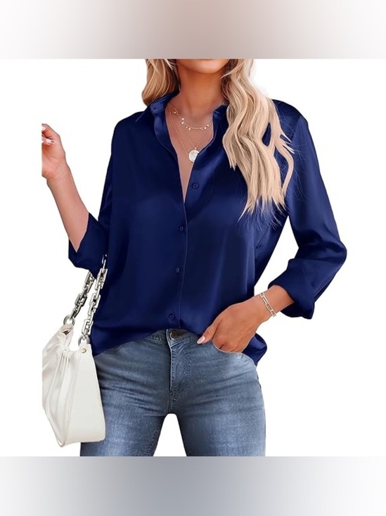 Old Navy Tops - Old Navy Navy Blue Satin Look Button-Down Blouse Classic Office Work Longsleeve